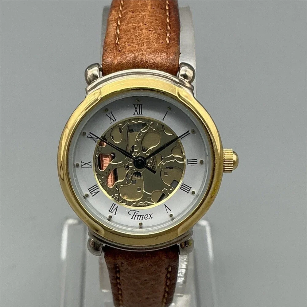 Vintage Timex Womens Watch 24mm Gold White Skeleton Brown Leather New Battery